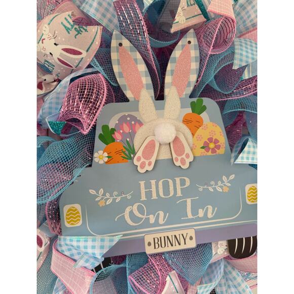 Handcrafted "Hop On In" Bunny Wreath - Easter/Spring Decor, Pastel Colors - Picture 6 of 9
